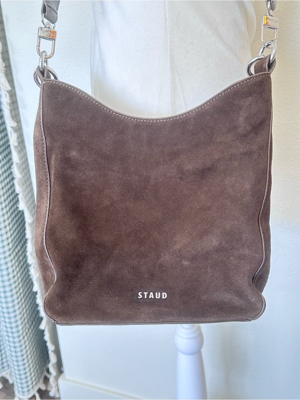 STAUD Mel Suede Shoulder Convertible Crossbody Bag with Leather Strap Truffle - Picture 5 of 9